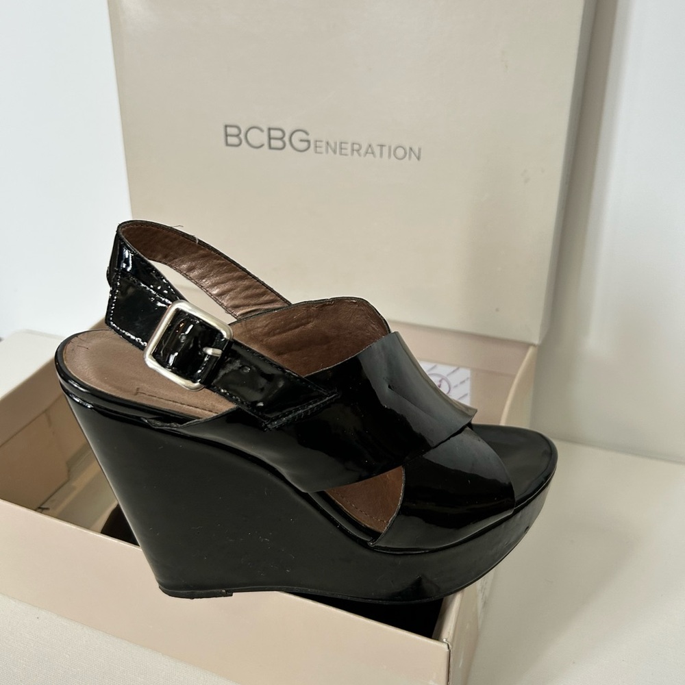 BCBG patent leather wedged sandal. Size 7.